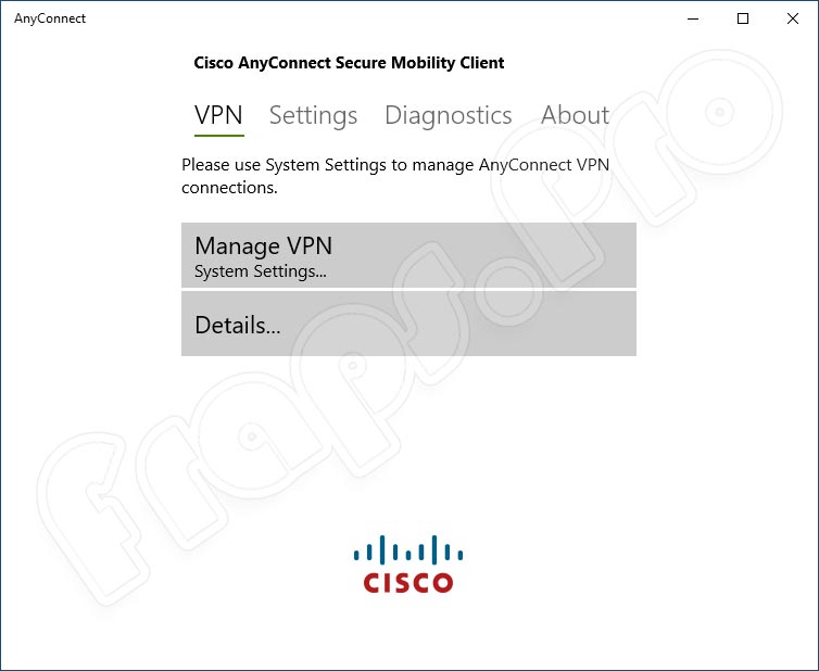 Программный интерфейс Cisco AnyConnect