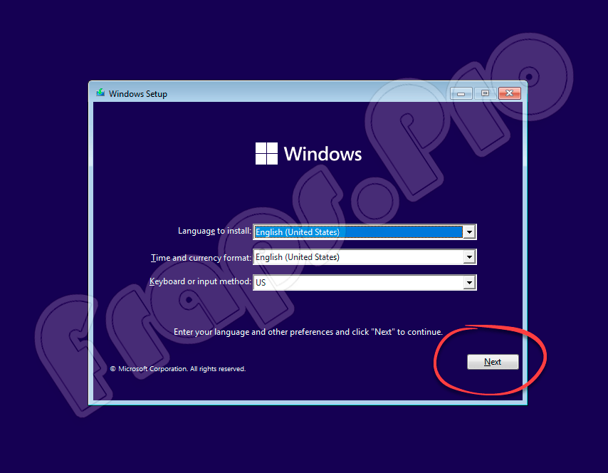 Начало установки Windows 11